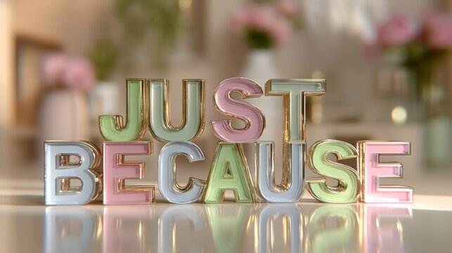Colorful decorative letters spelling just because in a cozy indoor setting with soft lighting and floral accents