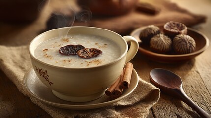 Steam-Rising Bowl of Laba Porridge, Packed with Visible Nuts and Grains, Isolated on Clear Transparent Background, Warmed Tones for Seasonal Promotion Food Photography