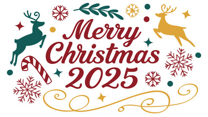 Festive merry christmas 2025 greeting with reindeer snowflakes candy cane and elegant swirls in red green and gold