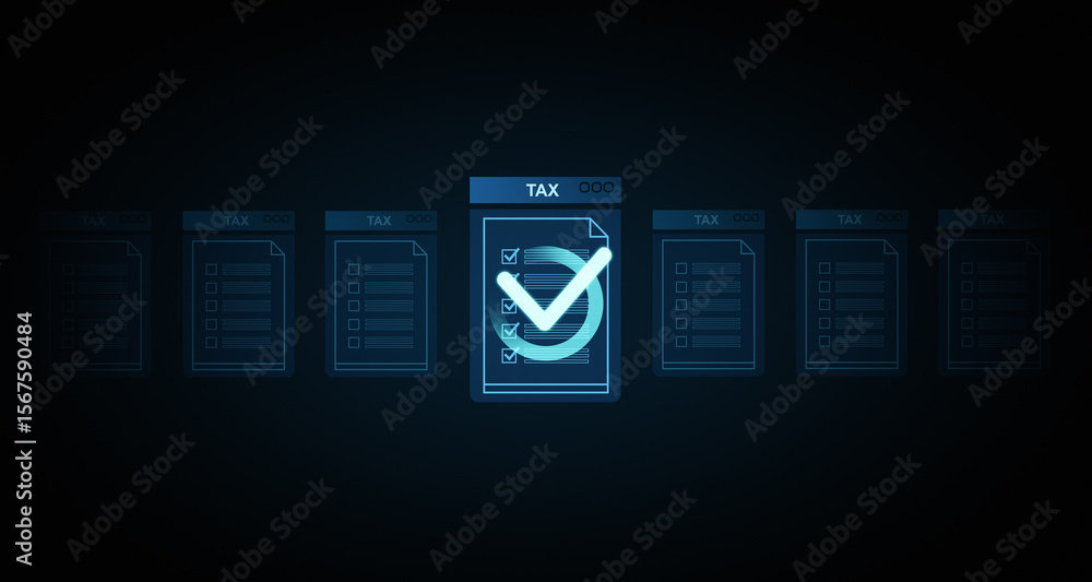 Poster tax form approval concept with glowing checkmark on digital document interface on dark background. 3