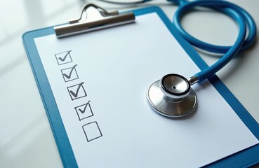 Medical clipboard with checklist, stethoscope. Paper document with checkboxes, marked with checkmarks. Blue clipboard, white paper. Healthcare, medicine, doctor, nurse concept. Diagnostic test,