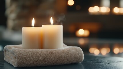 two candles are placed on a towel in front of a fireplace