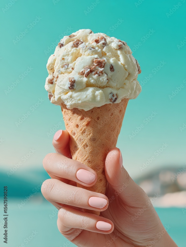 Aufkleber close-up of a hand holding an ice cream cone with vanilla ice cream and chocolate chunks against a v