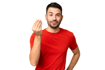 Young handsome caucasian man over isolated chroma key background making Italian gesture