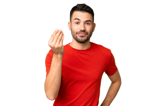 Young handsome caucasian man over isolated chroma key background making Italian gesture