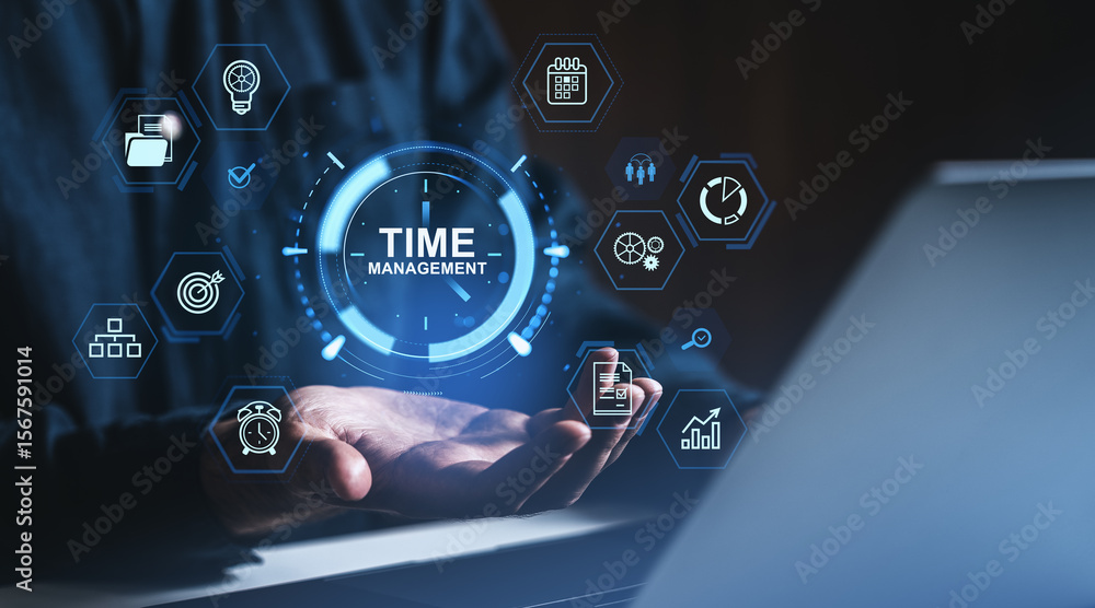 Poster time management concept with digital interface icons above open hand and laptop in futuristic busine