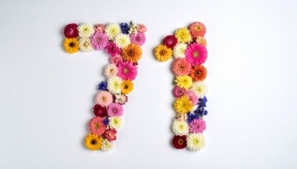 Number 71 made out of flowers with solid white background. Photo for 71st birthday or anniversary party