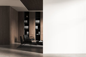 Fototapeta premium Modern office interior with wooden shelves, chairs, and blank white wall for poster or banner mockup in clean minimal layout concept. 3D Rendering