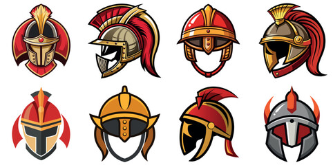 Collection of Stylized Ancient Greek and Roman Soldier Helmet Illustrations in Vector