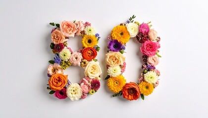 Number 80 made out of flowers with solid white background. Photo for 80th birthday or anniversary party