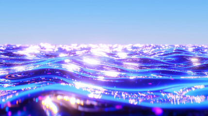 Futuristic Shimmering Ocean Waves with Neon Glow, Reflective Water Surface Under Clear Blue Sky, Tranquil and Serene Seascape