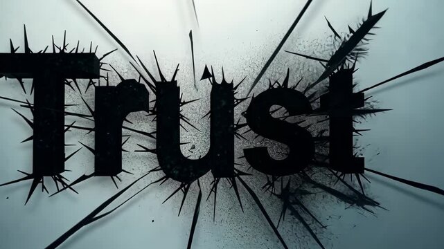 The word 'Trust' written with thorns on a background of shattered glass, symbolizing betrayal and broken relationships.