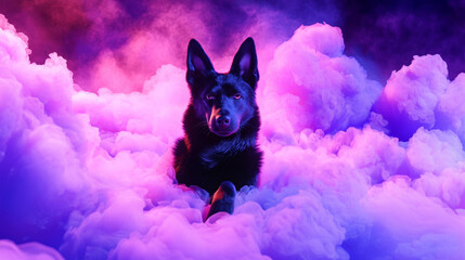 Futuristic Neon-lit German Shepherd Dog Silhouette in Colorful Cloud Mist, Surreal Fantasy Scene with Dramatic Lighting and Mystical Atmosphere