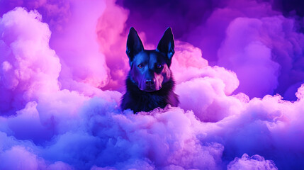 Futuristic Neon-lit German Shepherd Dog Silhouette in Colorful Cloud Mist, Surreal Fantasy Scene with Dramatic Lighting and Mystical Atmosphere