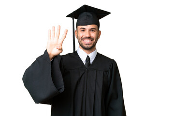 Young university graduate man over isolated chroma key background happy and counting four with...