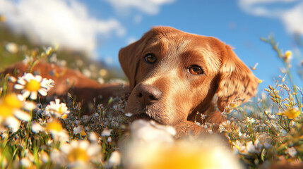 Adorable Labrador Dog Lying in a Field of Daisies Under a Bright Blue Sky, Relaxed and Happy Puppy Enjoying the Peaceful Summer Outdoors