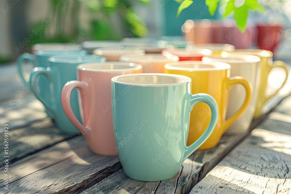 Poster vibrant color image of a group of colorful coffee cups are on a table