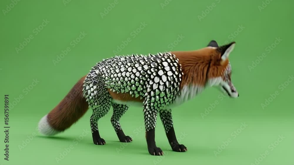 Poster fox with artistic pattern on green: a striking digital composite featuring a fox with a unique patte