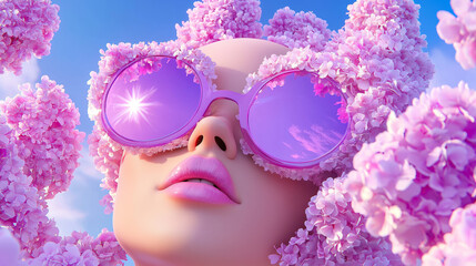 Futuristic Fashion Portrait of a Model with Pink Sunglasses Surrounded by Bright Floral Cloud, Dreamy Aesthetic with Vibrant Light and Spring Vibes