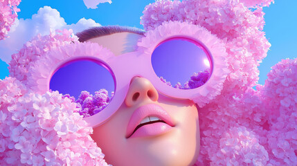 Futuristic Fashion Portrait of a Model with Pink Sunglasses Surrounded by Bright Floral Cloud, Dreamy Aesthetic with Vibrant Light and Spring Vibes