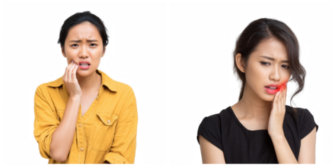 Two asian women experiencing toothache and discomfort holding their faces in pain