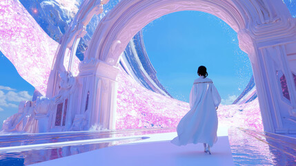 Futuristic Fantasy Landscape with Arched Pathway and Blooming Flowers, Dreamy Journey Through a Surreal Pink and Blue World Under a Starry Sky
