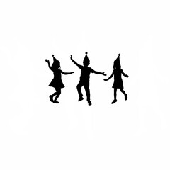 Silhouette of children wearing party hats and dancing on white background
