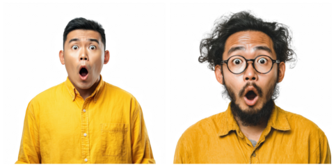 Two men in yellow shirts with surprised expressions against a black background