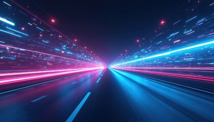 Obraz premium Futuristic road with vibrant neon blue, purple light streaks. High-speed motion blur conveys technology, data transfer, rapid movement. Dynamic abstract background for digital interfaces, gaming,