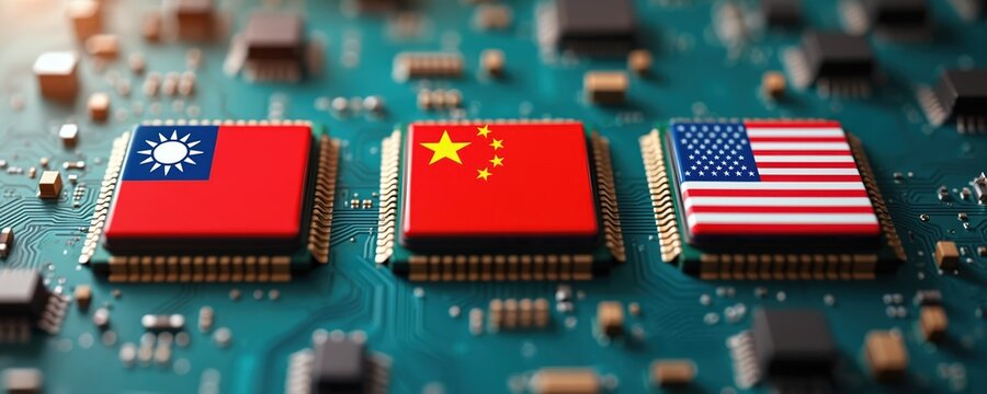 Close-up of microchips with US China and Taiwan flags on circuit board symbolizing semiconductor tech competition. Geopolitical tensions in global chip manufacturing, innovation, and digital trade.