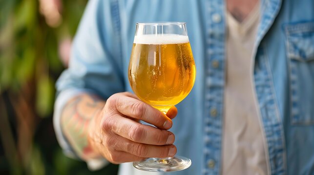 Man holding a glass of beer with tattoos on his arm