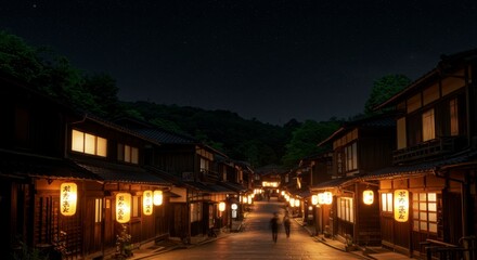 Naklejka premium Serene nighttime street scene in a historic Japanese town, featuring traditional architecture, warm lighting, and a tranquil atmosphere