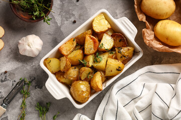 Baking dish with baked baby potatoes and thyme on grey background