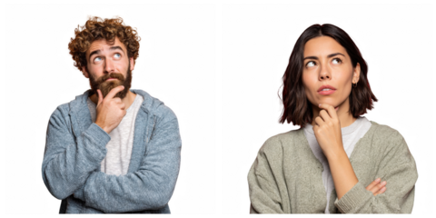 Man with beard and woman with short hair looking up thoughtfully on black background