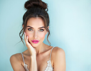 Elegant brunette woman with vibrant pink lips, impeccable skin poses with serene expression. Hair styled in chic bun, complemented by flawless makeup, subtle jewelry against soft blue studio backdrop.