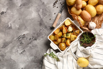 Baking dish with baked baby potatoes and thyme on grey background