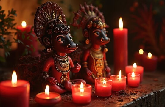 Two figures of Exu, Pomba Gira, deities of Brazilian Umbanda, shown with lit red candles. Mystical, sacred scene emphasizes devotion, faith, spirituality. Rich details in attire suggest African
