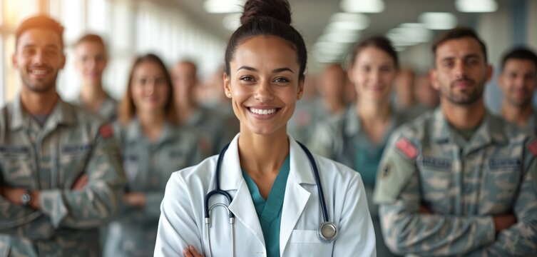 Confident female doctor leads diverse military medical team. Professionals in uniform ready for service, offering care, expertise. Focus on teamwork, resilience, commitment to health, wellness.