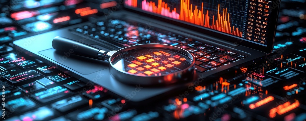 Poster magnifying glass on laptop keyboard with data graphs in background