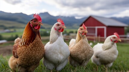 Chickens roaming freely in a lush green field near a rustic barn on a cloudy afternoon in the countryside