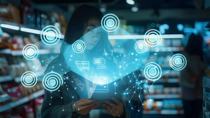Young woman uses tablet with digital overlay in grocery store, modern technology concept, blurred background of shelves and other shoppers. - Powered by Adobe