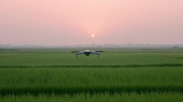 A drone hovers over lush green fields at sunset, capturing the essence of modern agriculture and technology integration precision farming and aerial survey highlight innovations
