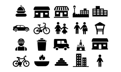 Urban City Life Icon Set, Black Vector Silhouettes of People, Buildings, and Transport
