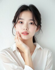 Exquisite Korean woman portrait, beauty salon advertising character modeling. Face, skin, hair, fashion, makeup, glamour, lips, spa, skincare, lady, care, closeup, person, natural cosmetic, smile,