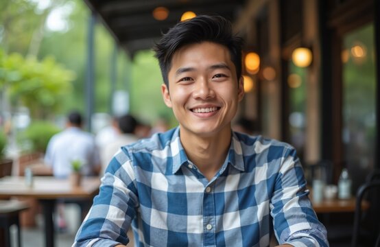 Young Asian man smiles confidently at camera, wearing blue checkered casual shirt at outdoor cafe. Soft sunlight illuminates happy, optimistic expression, with blurred background of friends, green