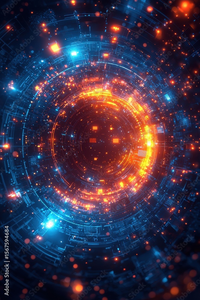 Poster abstract glowing circular network design with blue and orange light particles