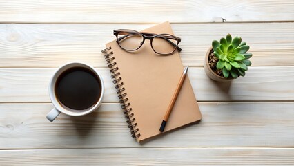 Workspace setup with coffee notebook glasses and plant on a wooden table new 2025 trendy