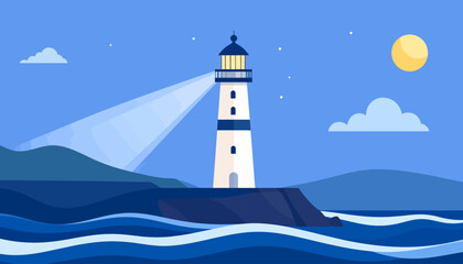 Coastal Lighthouse Shining Brightly Under Blue Sky with Moon and Clouds