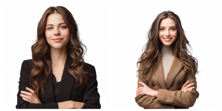 Portrait of a young woman in two different outfits with arms crossed smiling softly