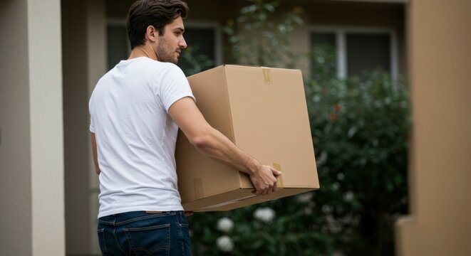 A man carries a large cardboard box,  moving into a new house.  He's wearing jeans and a white t-shirt
